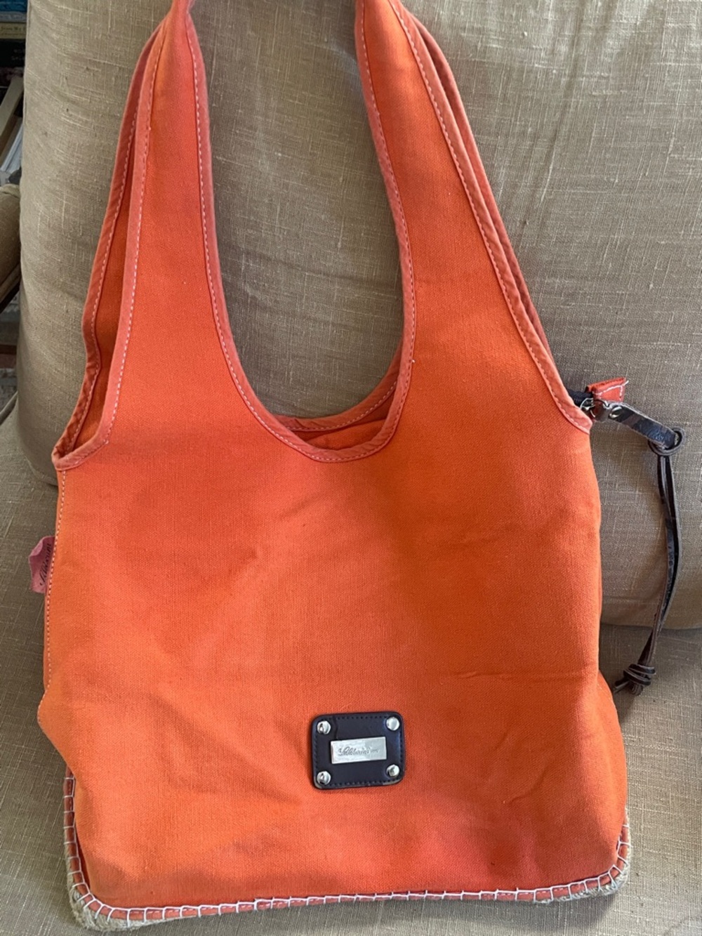 Orange Canvas Tote with Front Metal Plaque
